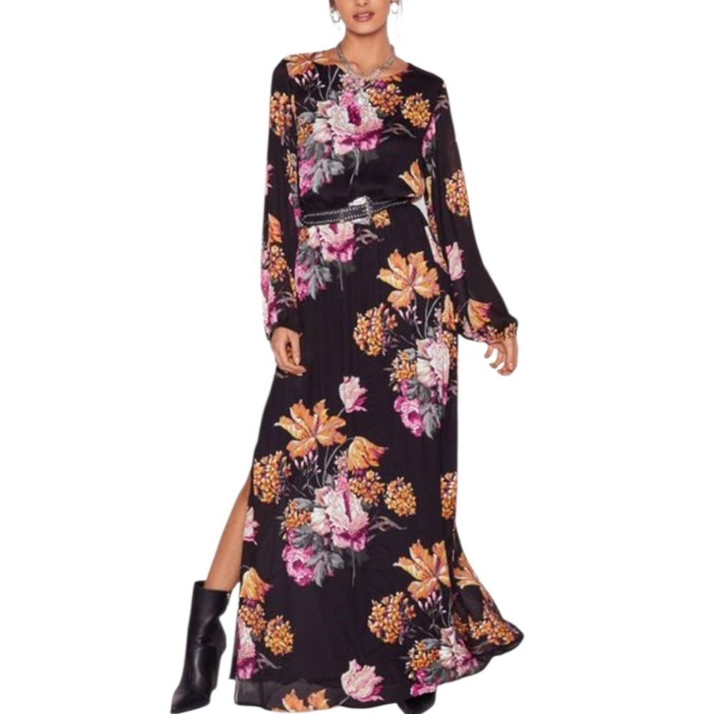 Nasty Gal Open Back Cowl Black Floral Tea Dress